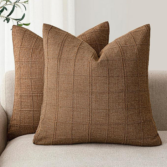 Foindtower Set of 2 Decorative Linen Check Throw Pillow Covers Neutral Farmhouse Vintage Cushion Covers Modern Boho Home Decor for Sofa Chair Couch Bedroom Living Room,18×18 Inch,Brown Hazel