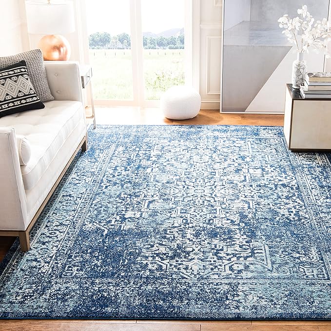 SAFAVIEH Evoke Collection Area Rug - 3' Square, Navy & Ivory, Distressed Design, Non-Shedding & Easy to Clean, Ideal for Foyer, Bedroom, Accent Space (EVK256A)