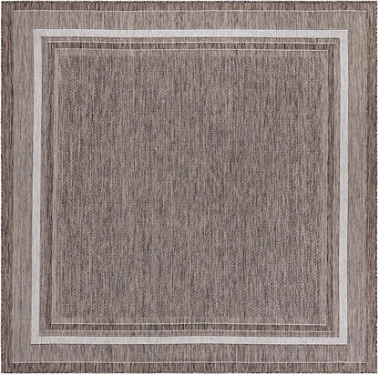 Unique Loom Outdoor Border Collection Area Rug - Soft Border (7' 10" Square Brown/Ivory)