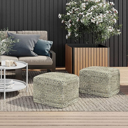 SIMPLIHOME Janelle Boho Square Woven Outdoor/ Indoor Pouf in Multi Color Recycled PET Polyester for the Living Room, Bedroom and Kids Room