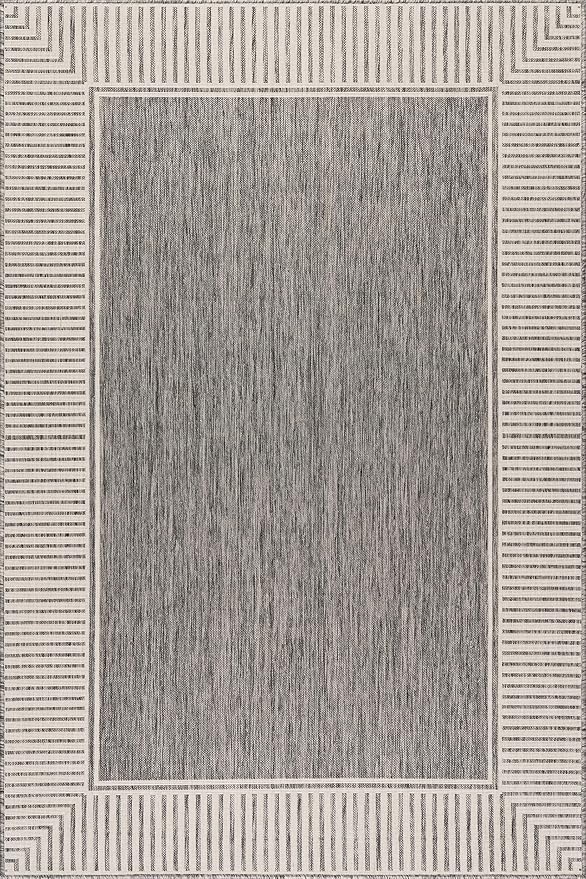 nuLOOM 10' x 14' Outdoor Area Rug, Casual Design with Striped Border, Stain Resistant, Highly Durable, for Patio, Balcony, Bedroom, Living Room, Dining Room, Bathroom, Steel