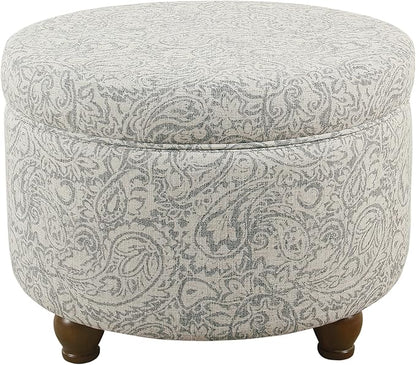 HomePop Home Decor | Upholstered Round Storage Ottoman | Ottoman with Storage for Living Room & Bedroom, Light Gray Floral Large