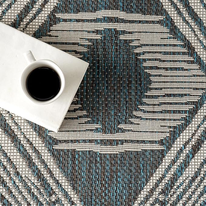 nuLOOM 5' x 8' Outdoor Tribal Geometric Area Rug, Stain Resistant, Weather Resistant, High Traffic, Patio, Balcony, Outside, Ranya Turquoise