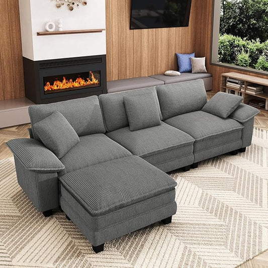 123-Inch L Shaped Sectional Sofa with Cloud Cushions, Deep Seat Modular Couch Set w/ 4 Seats & 1 Ottomans, Removable Arms, Plush Corduroy Upholstery for Living Room, Apartment - Gray