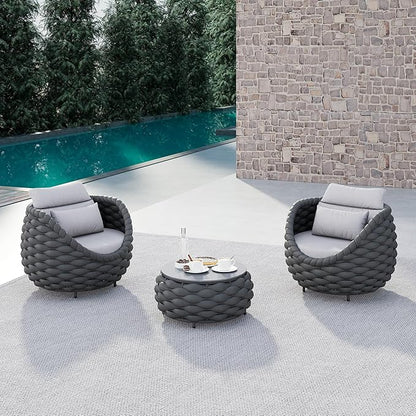 3 Pieces Balcony Seating Set: Aluminum Woven Rope Patio Chair Furniture Set - All Weather Metal Outdoor Conversation Set - Assembled Armchair with Table for Bistro Deck Porch Apartment Hotel