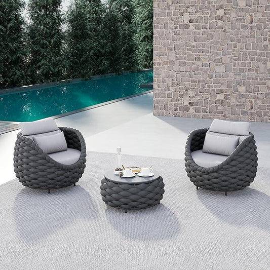 3 Pieces Balcony Seating Set: Aluminum Woven Rope Patio Chair Furniture Set - All Weather Metal Outdoor Conversation Set - Assembled Armchair with Table for Bistro Deck Porch Apartment Hotel