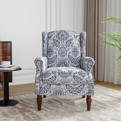 Wingback Accent Chair, High Back Upholstered Armchair, Printed Fabric Wingback Arms Chairs with Wood Legs, Single Sofa Reading Chair for Bedroom Living Room, Navy