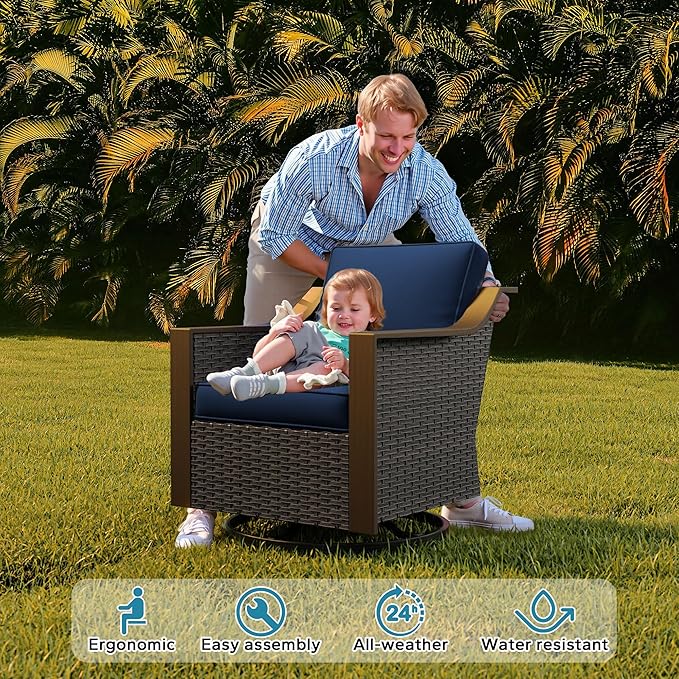 3 Pieces Outdoor Patio Conversation Furniture Set - 75" 3-Seat Sofa | 2 Swivel Glider Rocker Chairs | Wicker End Table, Rattan Couch, Metal armrests, Deck (Navy Blue)