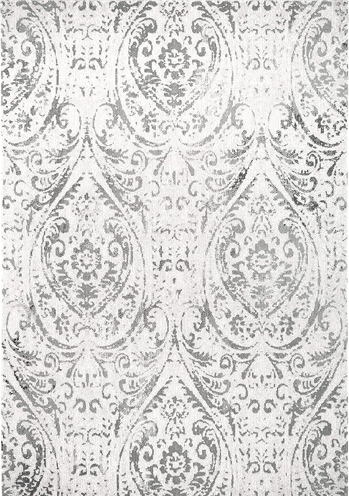 Home Dynamix Nicole Miller Patio Sofia Juniper Indoor/Outdoor Area Rug 7'9"x10'2", 4151-123, Distressed Damask Ivory/Gray Juniper