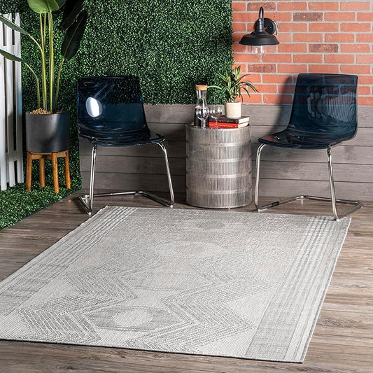 nuLOOM 10' x 13' Outdoor Tribal Geometric Area Rug, Stain Resistant, Weather Resistant, High Traffic, Patio, Balcony, Outside, Ranya Light Grey