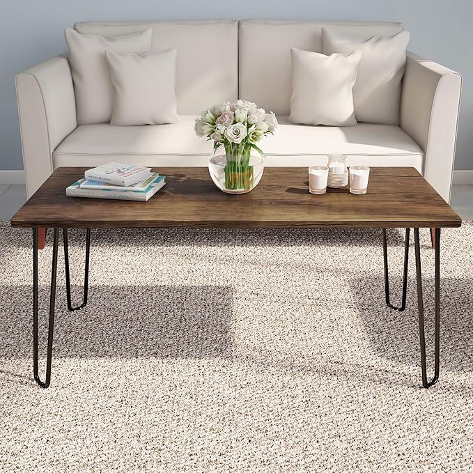 Coffee Table with Hairpin Legs - Modern Industrial Style Home Decor - Woodgrain-Look and Steel Accent Living Room Furniture by Lavish Home (Brown)