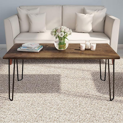 Coffee Table with Hairpin Legs - Modern Industrial Style Home Decor - Woodgrain-Look and Steel Accent Living Room Furniture by Lavish Home (Brown)