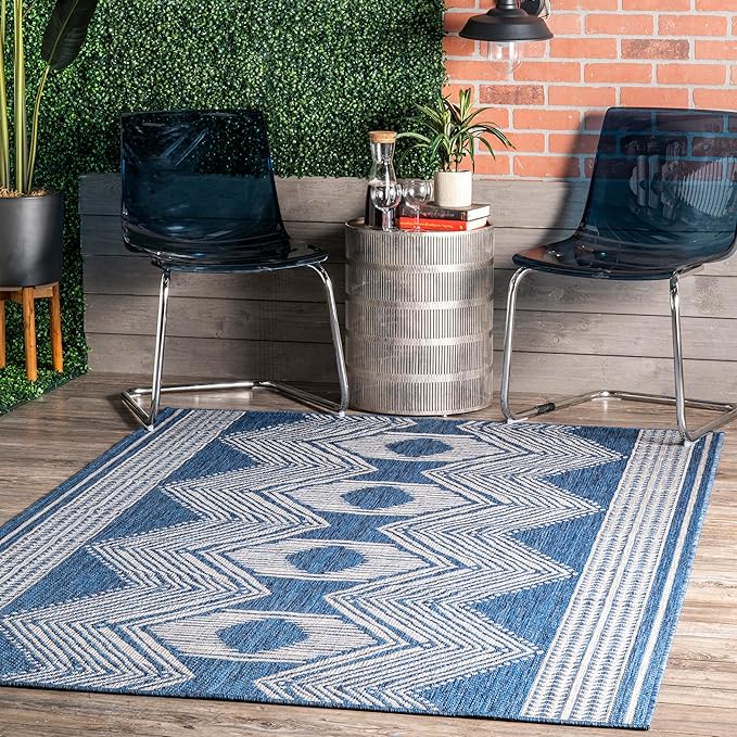 nuLOOM 2' x 3' Outdoor Tribal Geometric Area Rug, Stain Resistant, Weather Resistant, High Traffic, Patio, Balcony, Outside, Ranya Blue