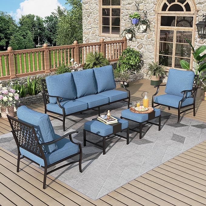 Patio Furniture Set 5 pcs, Outdoor Patio Furniture, 3-Seat Sofa, 2 Single Chairs, 2 Ottomans and 5.75" Extra Thick Cushion, Conversation Set for Backyard Deck,Navy Blue