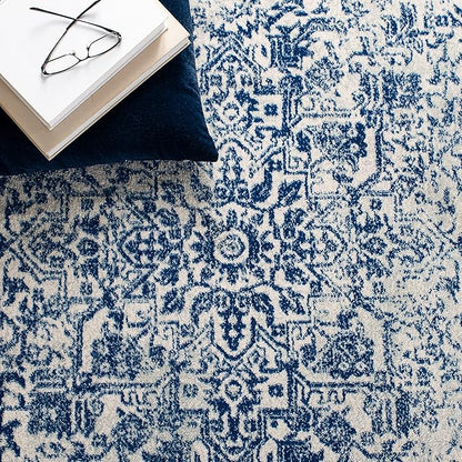 SAFAVIEH Evoke Collection Area Rug - 6'7" Square, Ivory & Navy, Distressed Design, Non-Shedding & Easy to Clean, Ideal for Living Room, Bedroom, Dining Space (EVK256N)