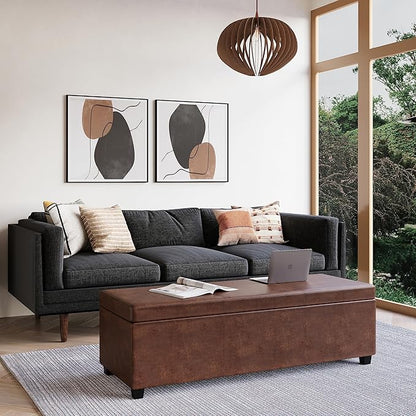 SIMPLIHOME Avalon 54 Inch Wide Contemporary Rectangle Extra Large Storage Ottoman Bench in Distressed Saddle Brown Vegan Faux Leather, Assembled, For the Living Room, Entryway and Family Room
