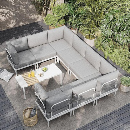 Sundale Outdoor 9 Pieces Patio Furniture Set, U-Shaped Outdoor Sectional Sofa with 6" Olefin Cushion and Coffee Table, Modern Metal Outdoor Conversation Sets (8 Seats,White Frame)