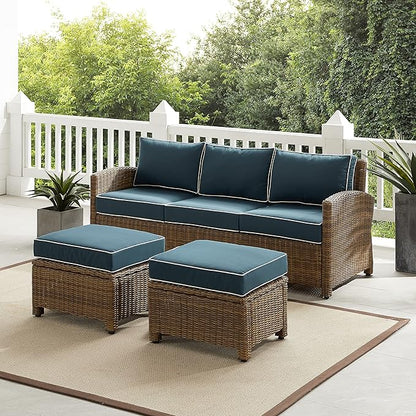 Crosley Furniture Bradenton 3-Piece Outdoor Sofa Patio Furniture Set, Wicker Conversation Sets for Porch, Brown with Navy Cushions