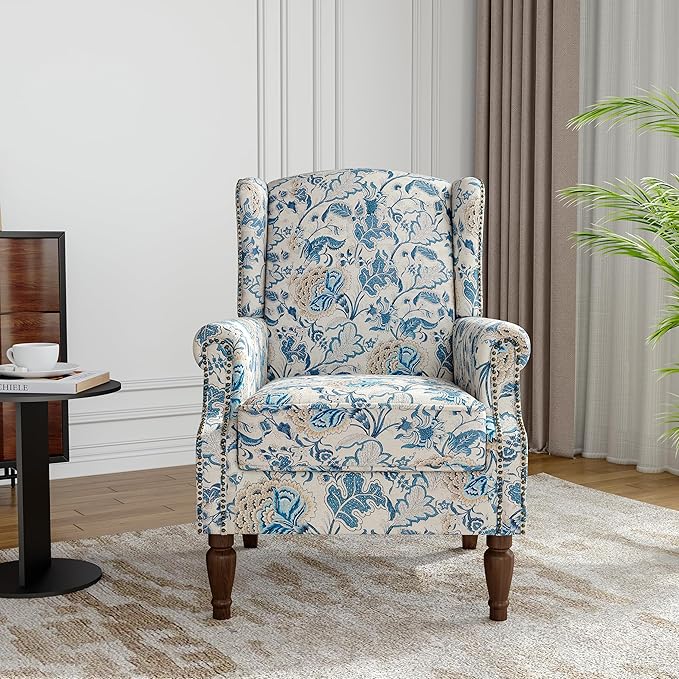 Floral Wingback Accent Chair, High Back Upholstered Armchair, Comfy Fabric Wingback Arms Chairs with Retro Solid Wood Legs, Single Sofa Reading Chair for Bedroom Living Room, Boho Blue