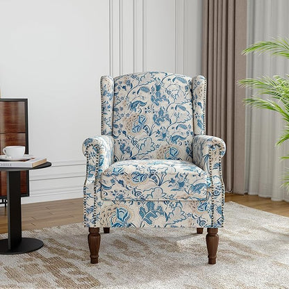 Floral Wingback Accent Chair, High Back Upholstered Armchair, Comfy Fabric Wingback Arms Chairs with Retro Solid Wood Legs, Single Sofa Reading Chair for Bedroom Living Room, Boho Blue