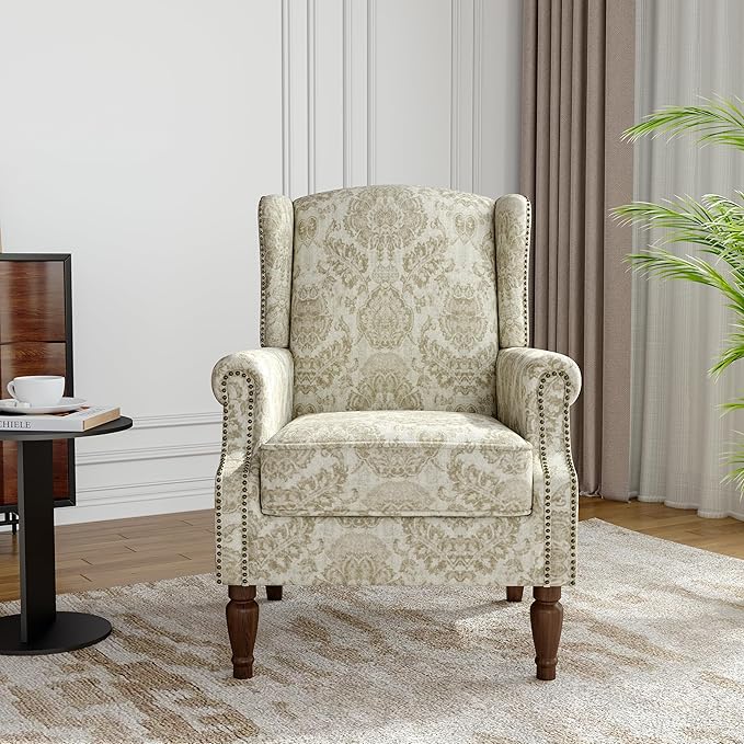 Wingback Accent Chair, High Back Upholstered Armchair, Printed Fabric Wingback Arms Chairs with Wood Legs, Single Sofa Reading Chair for Bedroom Living Room, White