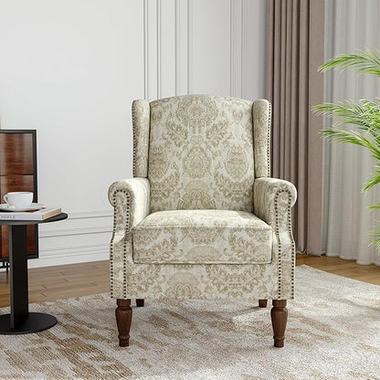 Wingback Accent Chair, High Back Upholstered Armchair, Printed Fabric Wingback Arms Chairs with Wood Legs, Single Sofa Reading Chair for Bedroom Living Room, White