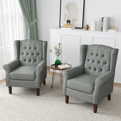 High Back Accent Chair, High Wingback Chair for Living Room, Button-Tufted Upholstered Fabric Armchair with Solid Wood Legs, Comfy Single Sofa Reading Chair for Bedroom, Gray