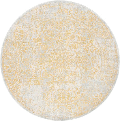 SAFAVIEH Evoke Collection Area Rug - 3' Round, Ivory & Gold, Distressed Design, Non-Shedding & Easy to Clean, Ideal for Foyer, Bedroom, Accent Space (EVK256B)