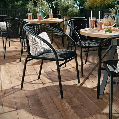 EMMA + OLIVER Set of 4 Modern Rattan Indoor/Outdoor Stack Chairs, Stacking Rattan Patio Chairs with Curved Back and Cross Bracing, Black