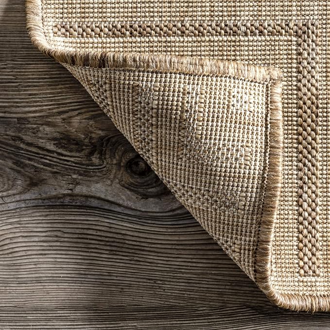 nuLOOM 5' x 8' Outdoor Area Rug, Casual Design With Striped Border, Stain Resistant, Highly Durable, For Patio, Balcony, Bedroom, Living Room, Dining Room, Bathroom, Light Brown