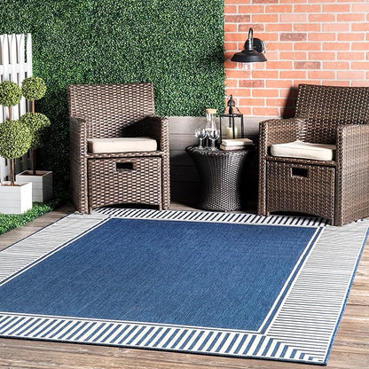 nuLOOM 7' Square Outdoor Area Rug, Casual Design with Striped Border, Stain Resistant, Highly Durable, for Patio, Balcony, Bedroom, Living Room, Dining Room, Bathroom, Navy