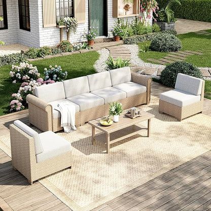 Patio Furniture Set, 7 Piece Outdoor Rattan Wicker Sectional Conversation Set with 5.5" Thick Waterproof Cushions and Coffee Table for Deck Backyar