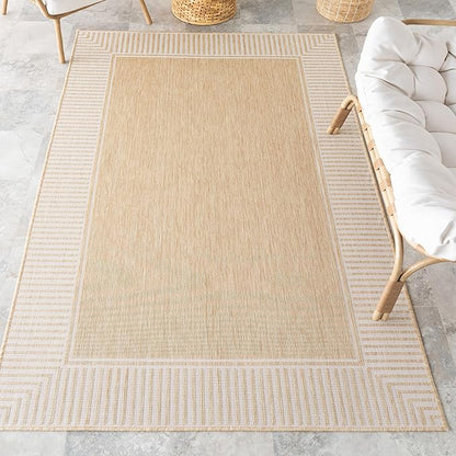 nuLOOM 9'6" x 12' Outdoor/Indoor Asha Area Rug, Tan, Casual Design with Striped Border, Stain Resistant, Highly Durable, for Patio, Balcony, Bedroom, Living Room, Dining Room, Bathroom