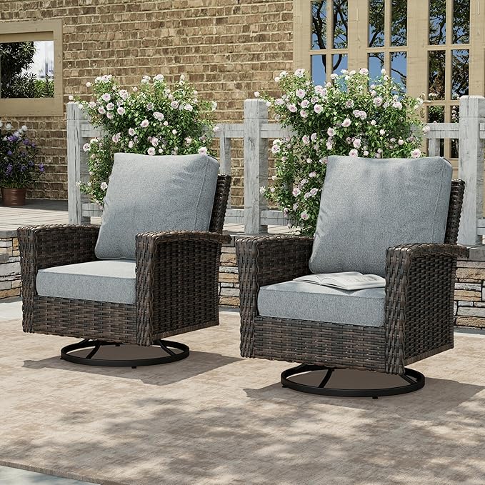 HERA'S HOUSE High Back Outdoor Swivel Chairs with 5.5" Thick Cushions, Wicker Rattan Patio Chairs Set of 2, Porch Deck Balcony Backyard Furniture, Grey