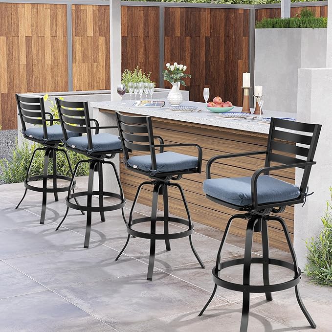 Pellebant Outdoor Bar Stools Set of 4 with Sunbrella Cushion, 29.5" Aluminum Swivel Bar Height Stool Chairs with Back & Footrest, Rust-Proof Patio Bartools for Deck Lawn Garden, Spectrum Denim