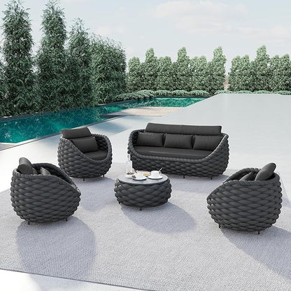 Aluminum Outdoor Seating Set: 5-Piece Woven Rope Patio Conversation Set of 6 - Metal Sofa Set Assembled Cushioned - Modern Couch Porch Furniture for Deck Lanai Balcony Yard Pool Hotel, Dark Gray