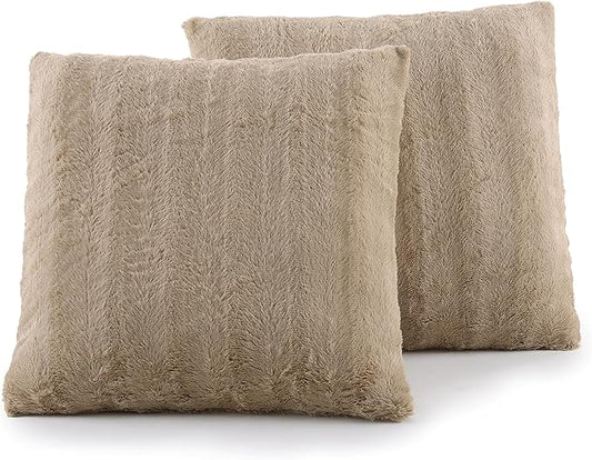 Cheer Collection Faux Fur Throw Pillows - Decorative Pillows for Couch, Bed Throw Pillows, Sand Accent Pillows for Bedroom or Living Room Aesthetic, Set of 2 Furry Throw Pillows, 18”x18”