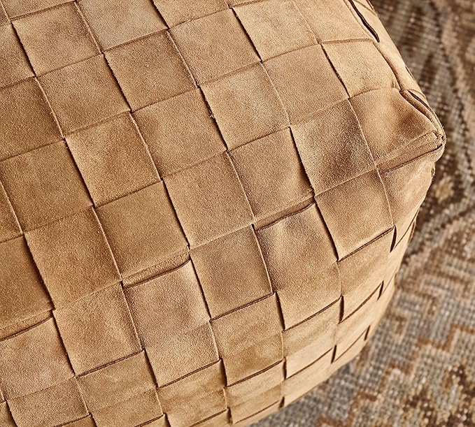 Luxury Handcrafted Suede Basketweave Pouf Ottoman – Soft & Durable Floor Cushion, Footrest, and Accent Seating for Living Room, Bedroom, & Office – Stylish Modern Home Décor (Camel, 18" x 18" x 14")