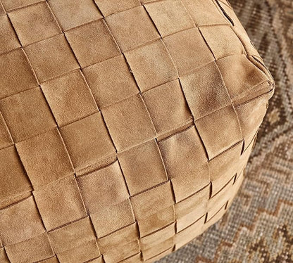 Luxury Handcrafted Suede Basketweave Pouf Ottoman – Soft & Durable Floor Cushion, Footrest, and Accent Seating for Living Room, Bedroom, & Office – Stylish Modern Home Décor (Camel, 18" x 18" x 14")