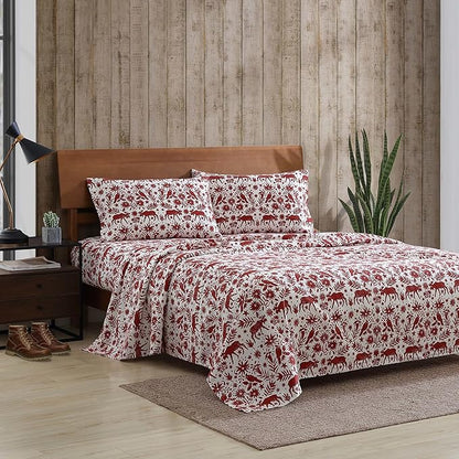 Eddie Bauer 4 Pc Flannel Sheets Full Size - 100% Cotton Breathable & Soft Full Size Bed Sheets Set (1 Flat, 1 Flannel Fitted Sheet, 2 Pillowcases) - 15" Deep Pocket All Seasons Sheet Set (Arcadia Red)