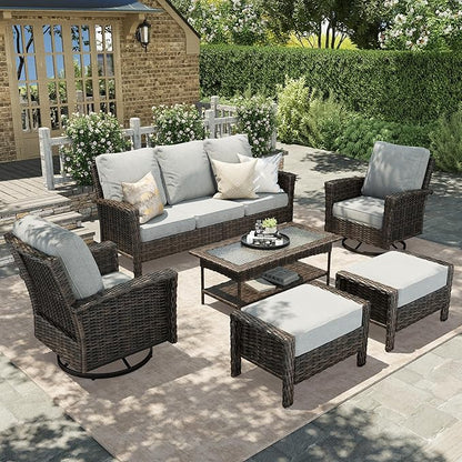 HERA'S HOUSE Gray Patio Furniture Set, Outdoor Sectional Seating Furniture, 35" High Back Swivel Wicker Chairs with 5.5" Thick Cushions, 6-Piece Patio Conversation Sofa Sets for Deck Lawn Backyard