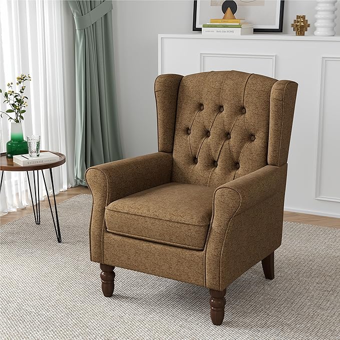 High Back Accent Chair, High Wingback Chair for Living Room, Button-Tufted Upholstered Fabric Armchair with Solid Wood Legs, Comfy Single Sofa Reading Chair for Bedroom, Brown