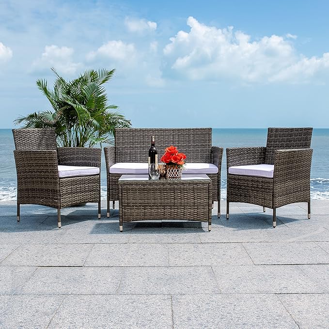 SAFAVIEH Outdoor Collection Bandele Grey Brown/White Cushion 4-Piece Conversation Patio Set PAT7506C