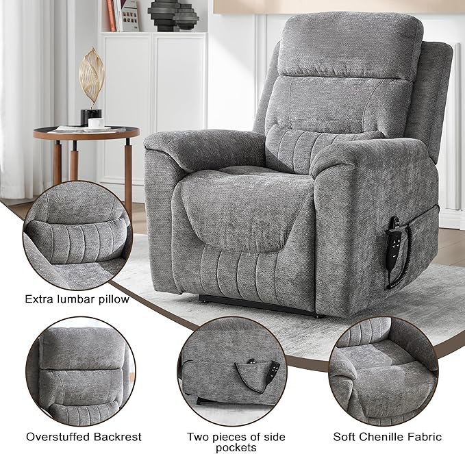 Power Lift Recliner Chair for Elderly People, Dual Motor Lay Flat Recliner with Vibration Massage and Heat, Heavy Duty Motion Mechanism Standing Assistance Reclining Chair, Chenille Fabric Dark Gray