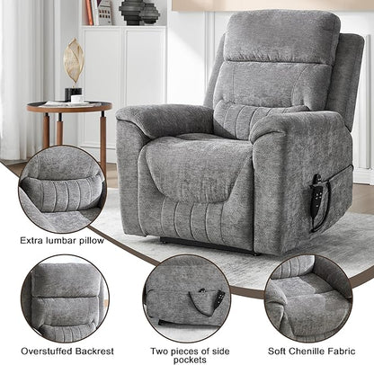 Power Lift Recliner Chair for Elderly People, Dual Motor Lay Flat Recliner with Vibration Massage and Heat, Heavy Duty Motion Mechanism Standing Assistance Reclining Chair, Chenille Fabric Dark Gray