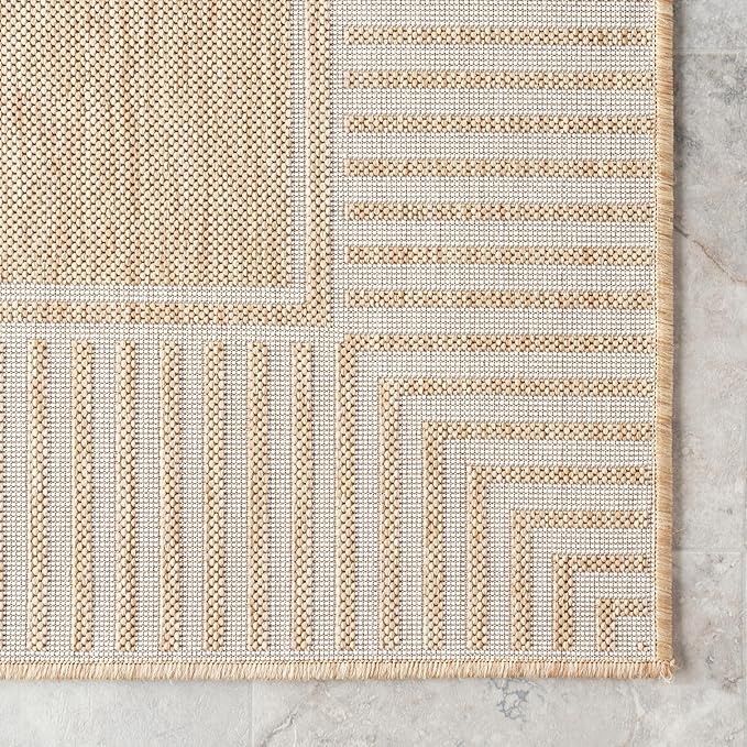 nuLOOM 8x10 Outdoor/Indoor Asha Area Rug, Tan, Casual Design with Striped Border, Stain Resistant, Highly Durable, for Patio, Balcony, Bedroom, Living Room, Dining Room, Bathroom