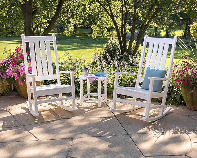 POLYWOOD Vineyard 3-Piece Rocking Chair Patio Set, Wide Outdoor Composite Rocking Chairs with Side Table, Mahogany Porch Rockers