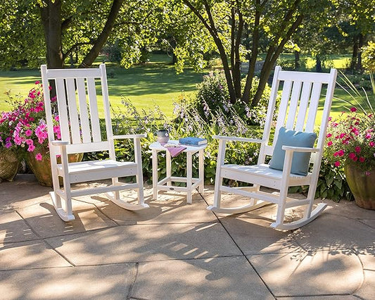 POLYWOOD Vineyard 3-Piece Rocking Chair Patio Set, Wide Outdoor Composite Rocking Chairs with Side Table, Mahogany Porch Rockers