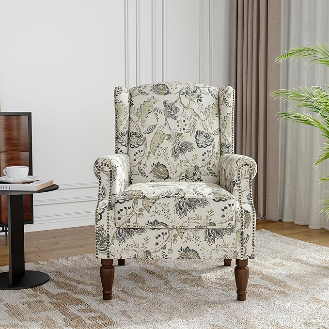 Floral Wingback Accent Chair, High Back Upholstered Armchair, Comfy Fabric Wingback Arms Chairs with Retro Solid Wood Legs, Single Sofa Reading Chair for Bedroom Living Room, Plants Beige