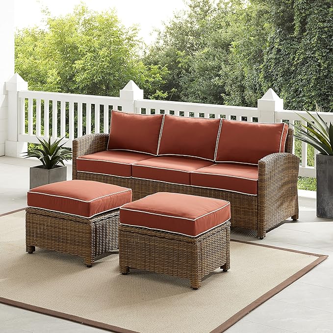 Crosley Furniture Bradenton 3-Piece Outdoor Sofa Patio Furniture Set, Wicker Conversation Sets for Porch, Brown with Sangria Cushions